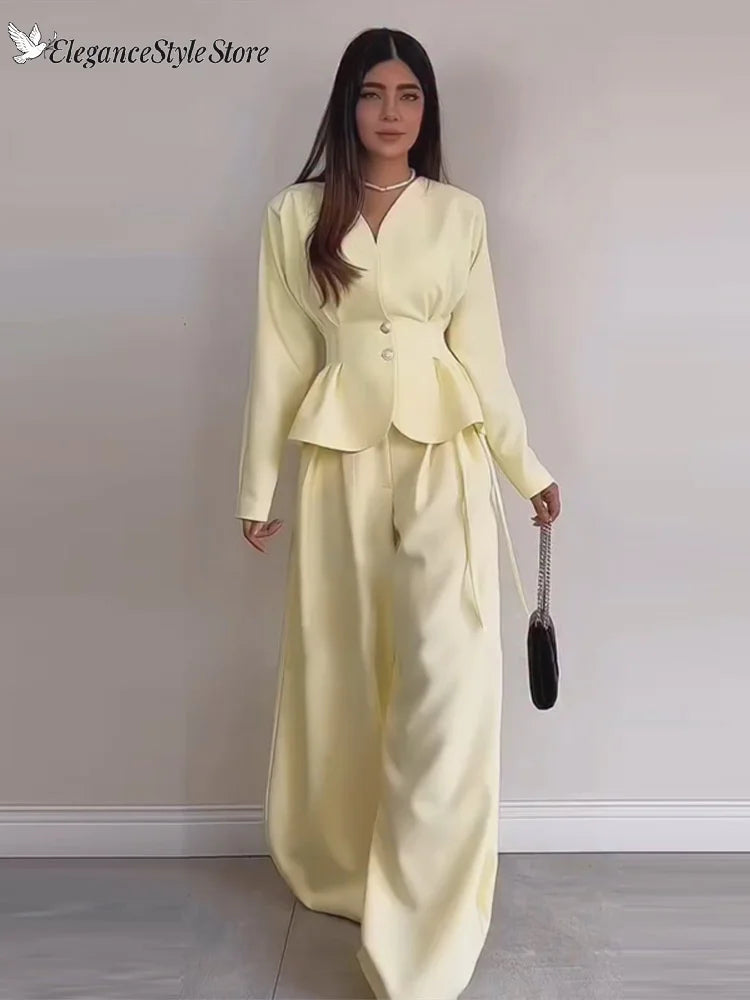Ensemble 2 Pièces Jaune Femme – Veste Boutonnée Taille Cintee + Pantalon Large Automne 2026