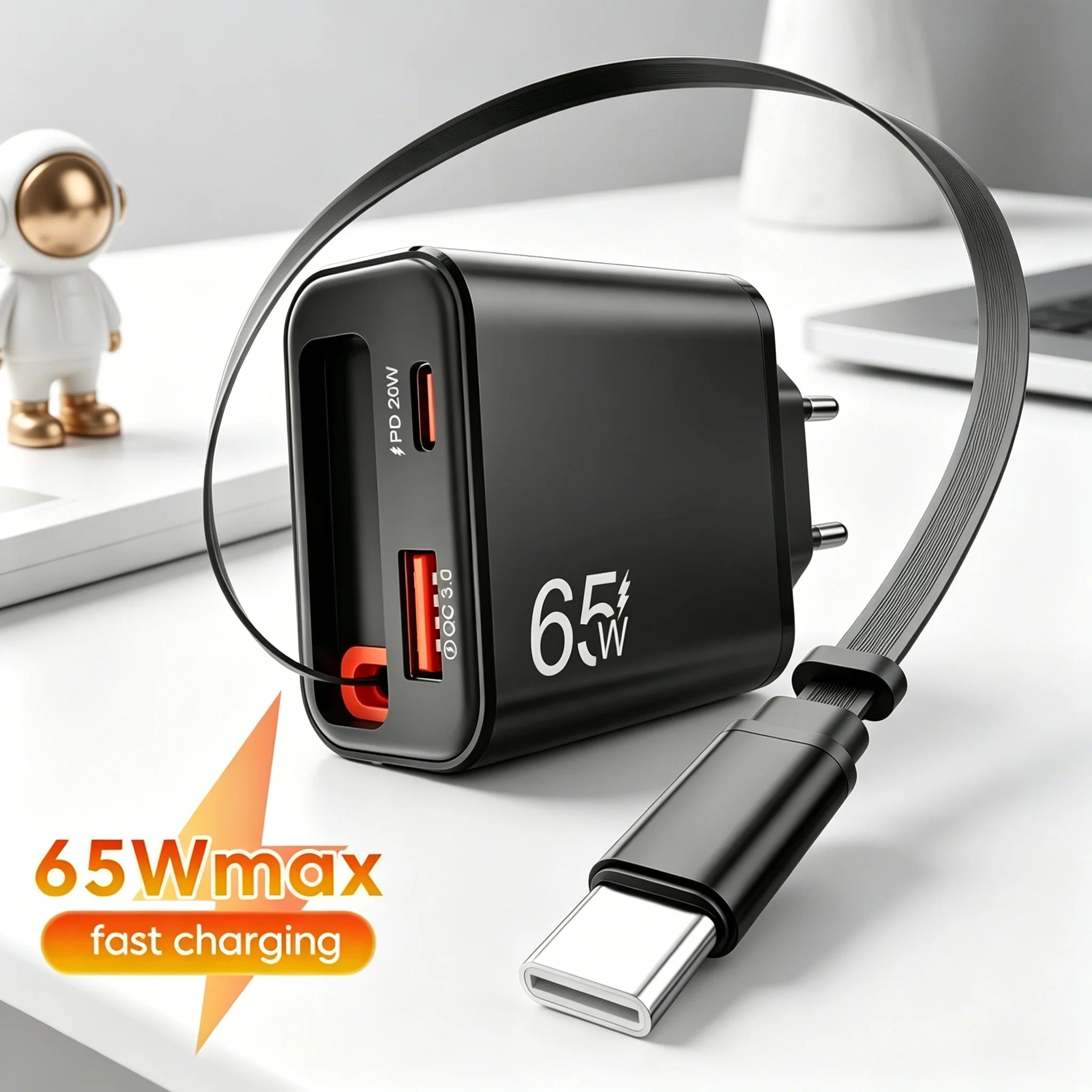 Chargeur Secteur USB-C 65W avec Câble Rétractable – Charge Ultra Rapide