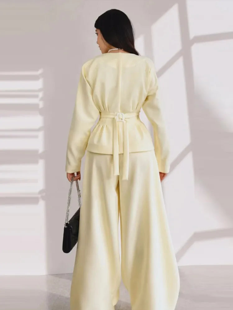 Ensemble 2 Pièces Jaune Femme – Veste Boutonnée Taille Cintee + Pantalon Large Automne 2026
