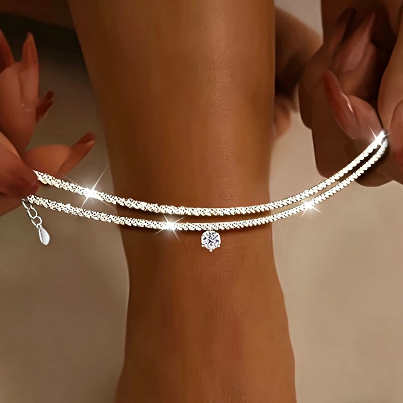 Bracelet de Cheville Femme Double Layer – Zircon Cubique – Étanche