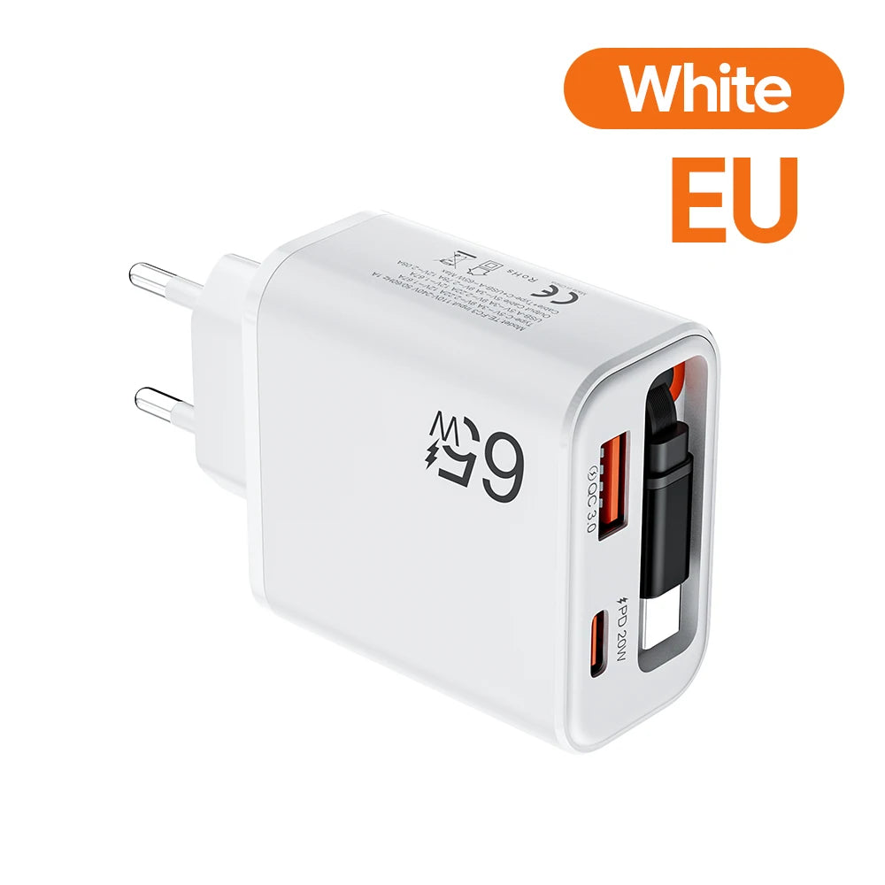 Chargeur Secteur USB-C 65W avec Câble Rétractable – Charge Ultra Rapide