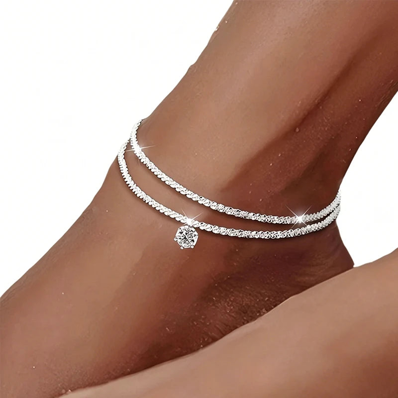 Bracelet de Cheville Femme Double Layer – Zircon Cubique – Étanche