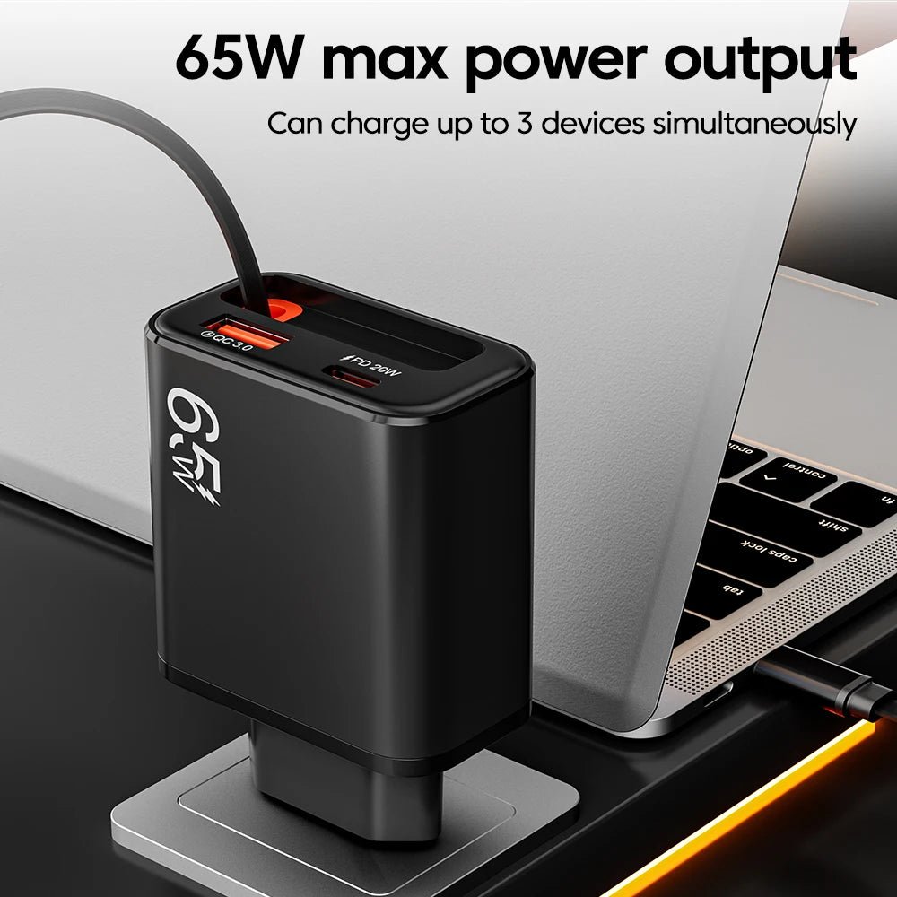 Chargeur Secteur USB-C 65W avec Câble Rétractable – Charge Ultra Rapide