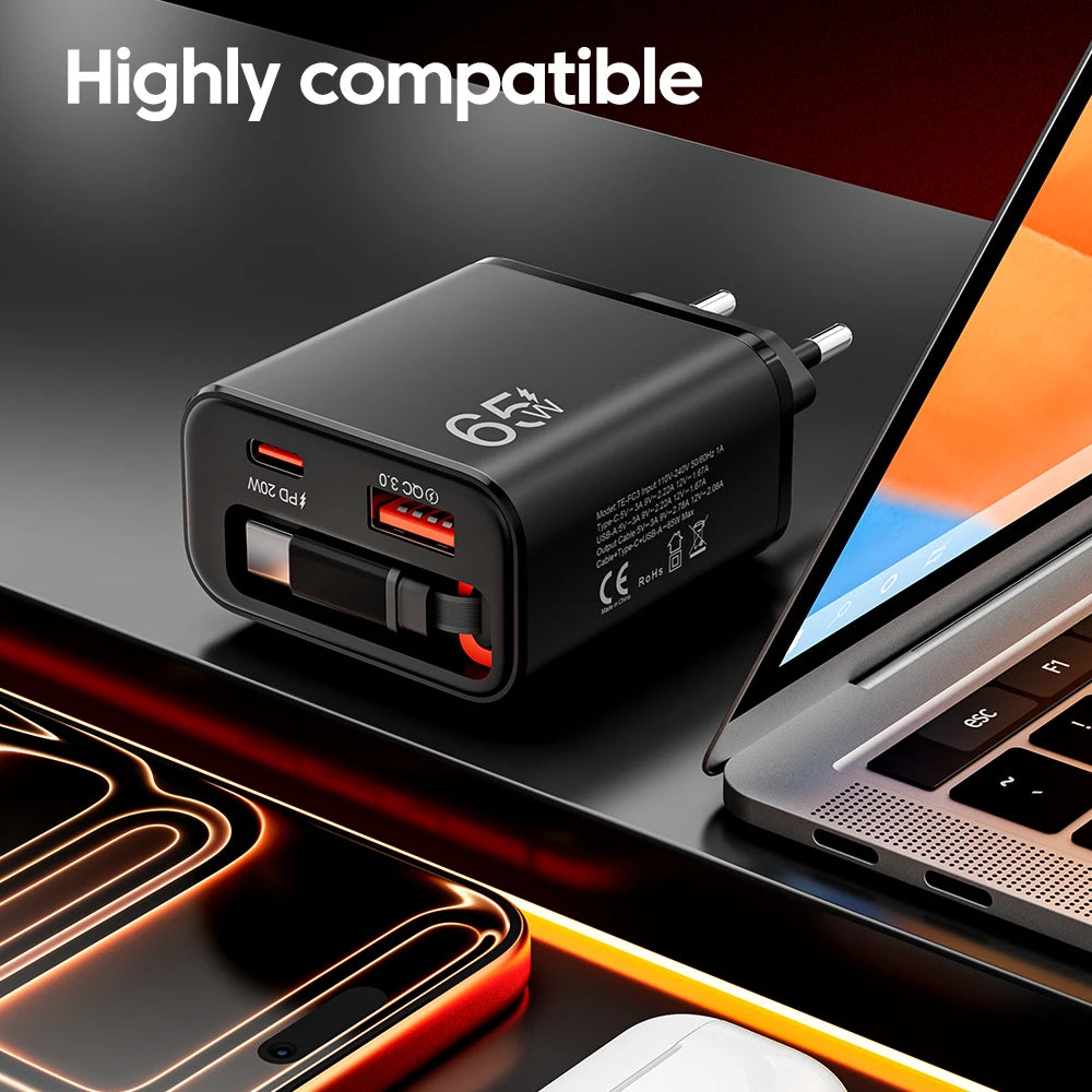 Chargeur Secteur USB-C 65W avec Câble Rétractable – Charge Ultra Rapide