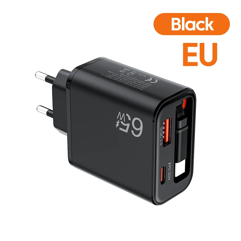 Chargeur Secteur USB-C 65W avec Câble Rétractable – Charge Ultra Rapide
