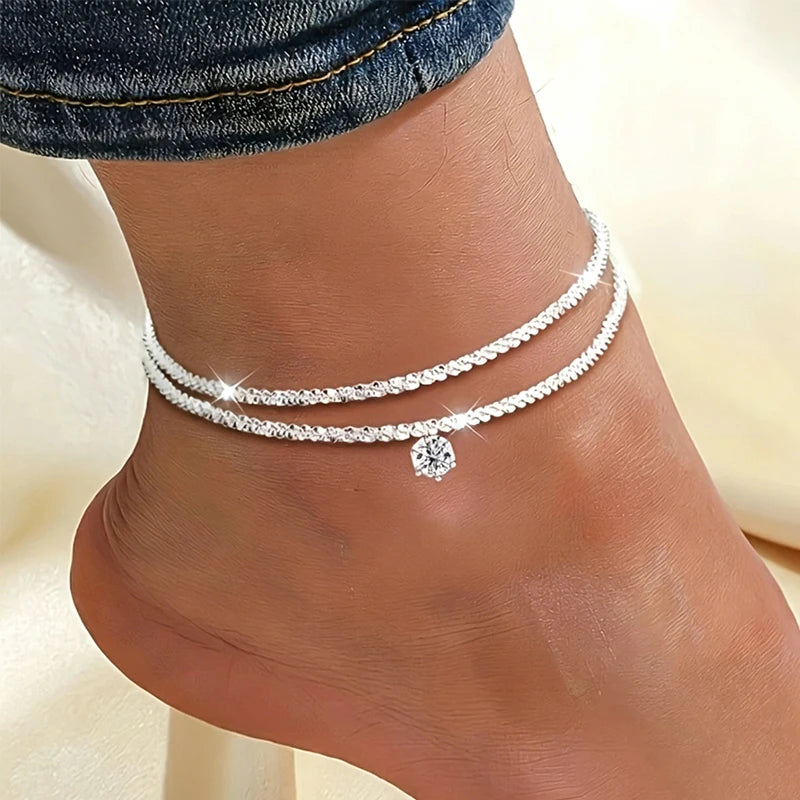 Bracelet de Cheville Femme Double Layer – Zircon Cubique – Étanche