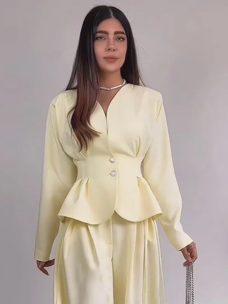 Ensemble 2 Pièces Jaune Femme – Veste Boutonnée Taille Cintee + Pantalon Large Automne 2026