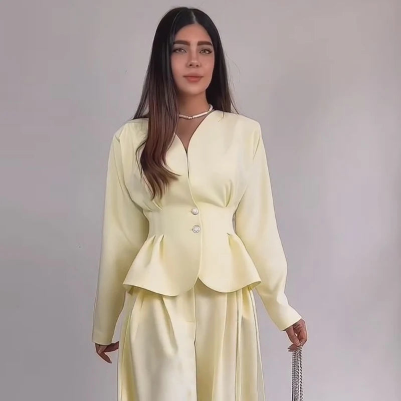 Ensemble 2 Pièces Jaune Femme – Veste Boutonnée Taille Cintee + Pantalon Large Automne 2026