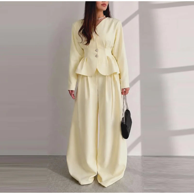 Ensemble 2 Pièces Jaune Femme – Veste Boutonnée Taille Cintee + Pantalon Large Automne 2026