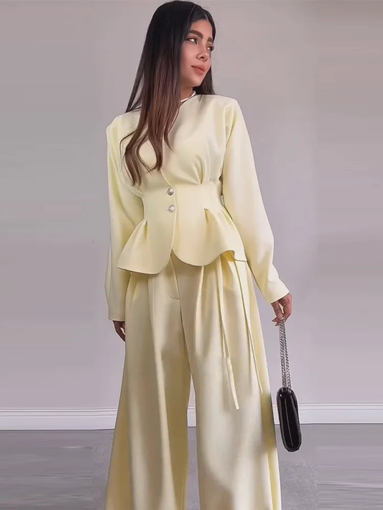 Ensemble 2 Pièces Jaune Femme – Veste Boutonnée Taille Cintee + Pantalon Large Automne 2026