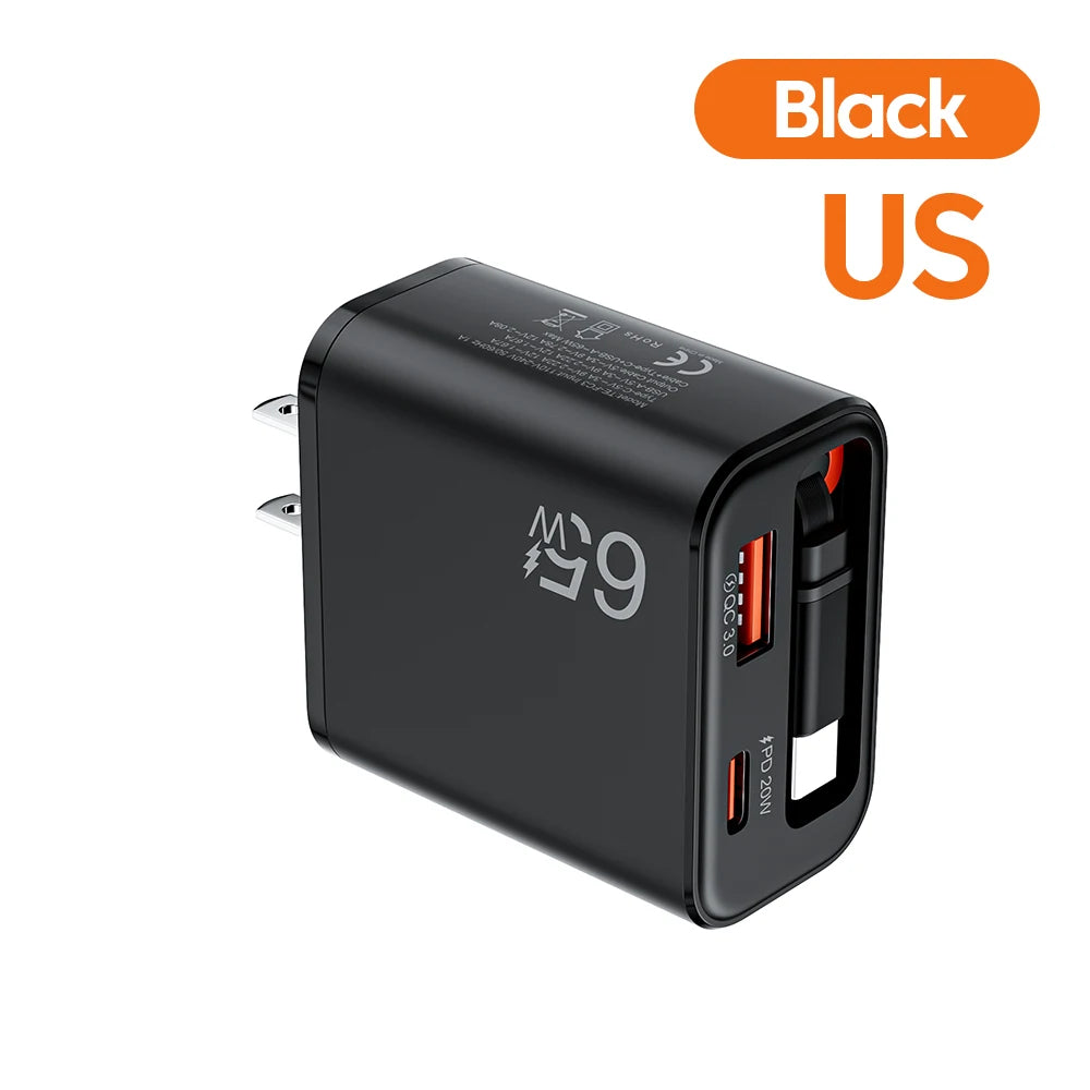 Chargeur Secteur USB-C 65W avec Câble Rétractable – Charge Ultra Rapide