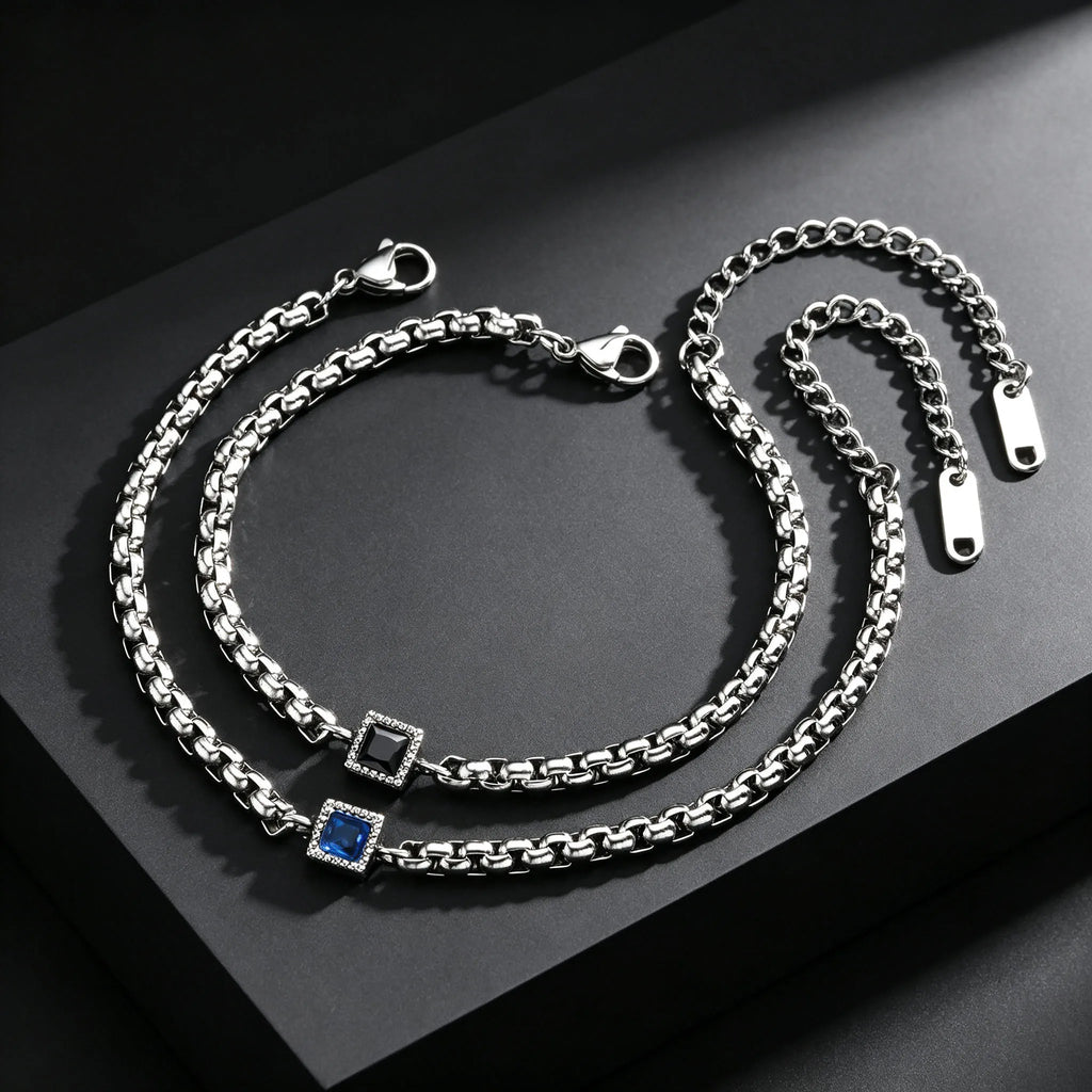 Bracelet Homme Zircon – Chaîne Carrée Acier Inoxydable 4mm