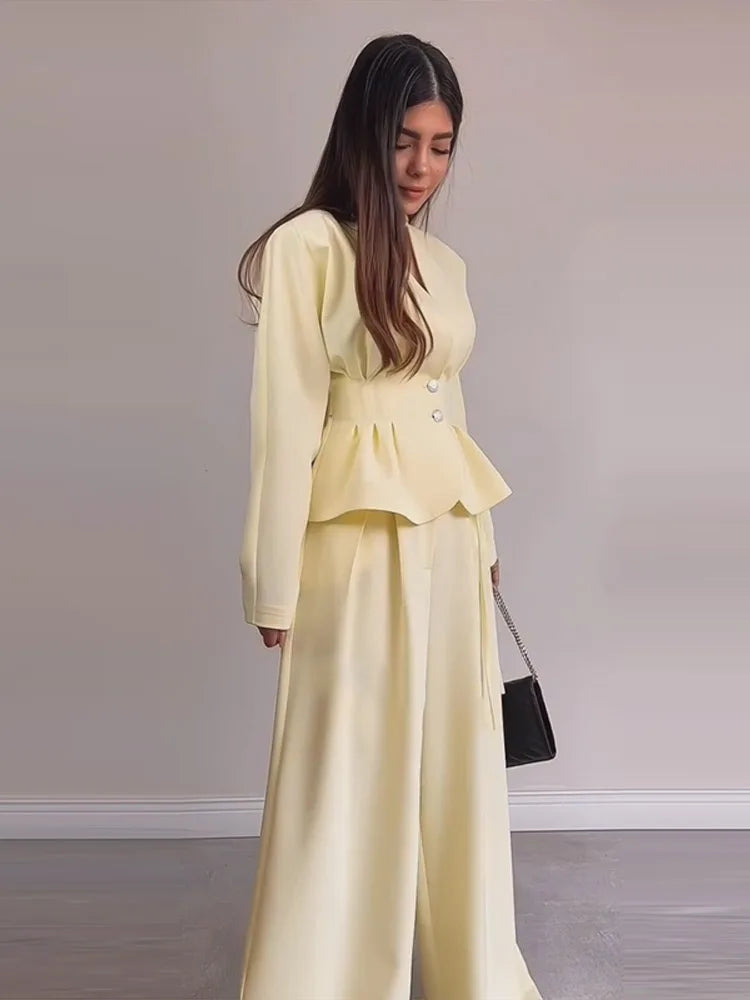 Ensemble 2 Pièces Jaune Femme – Veste Boutonnée Taille Cintee + Pantalon Large Automne 2026