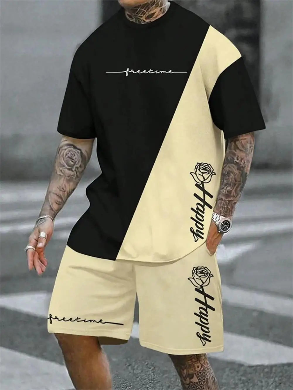 Ensemble Homme T-Shirt Spliced + Short Cordon – Outdoor Respirant Séchage Rapide 2025